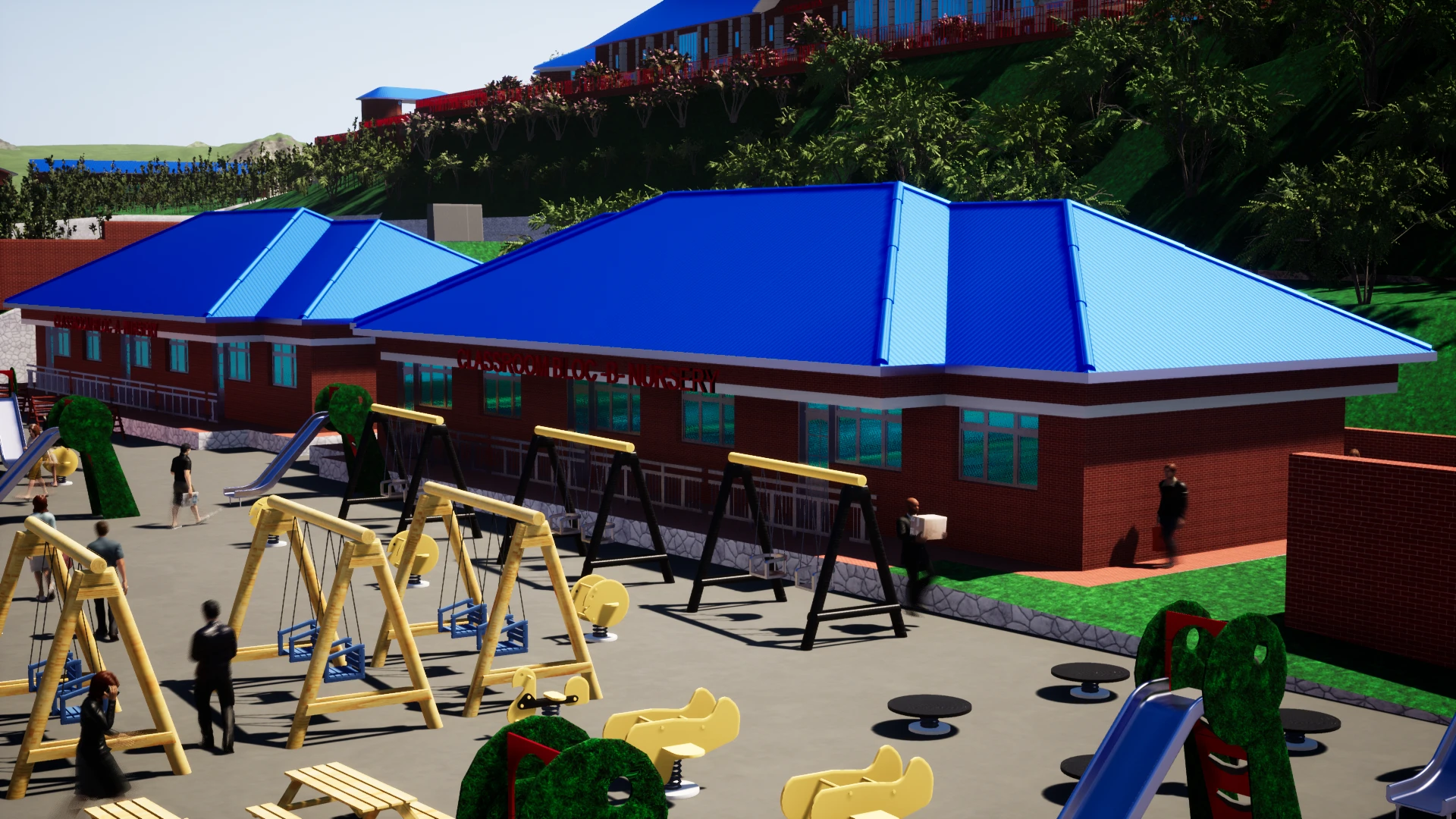 Concept art showing children playing at the new nursery school.